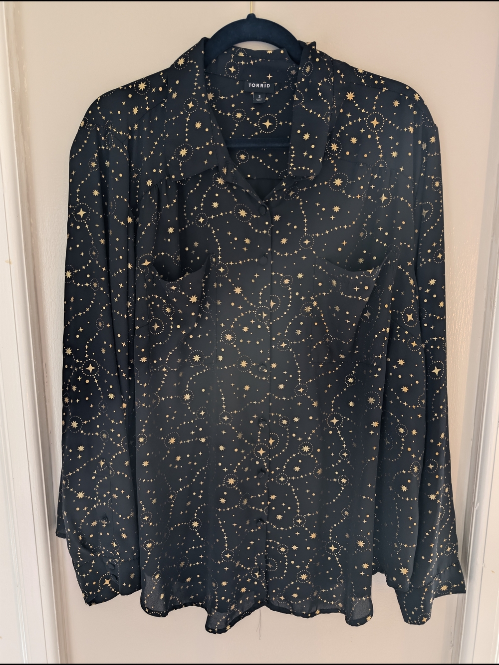 Torrid Black Blouse with Gold Star & Constellation Print